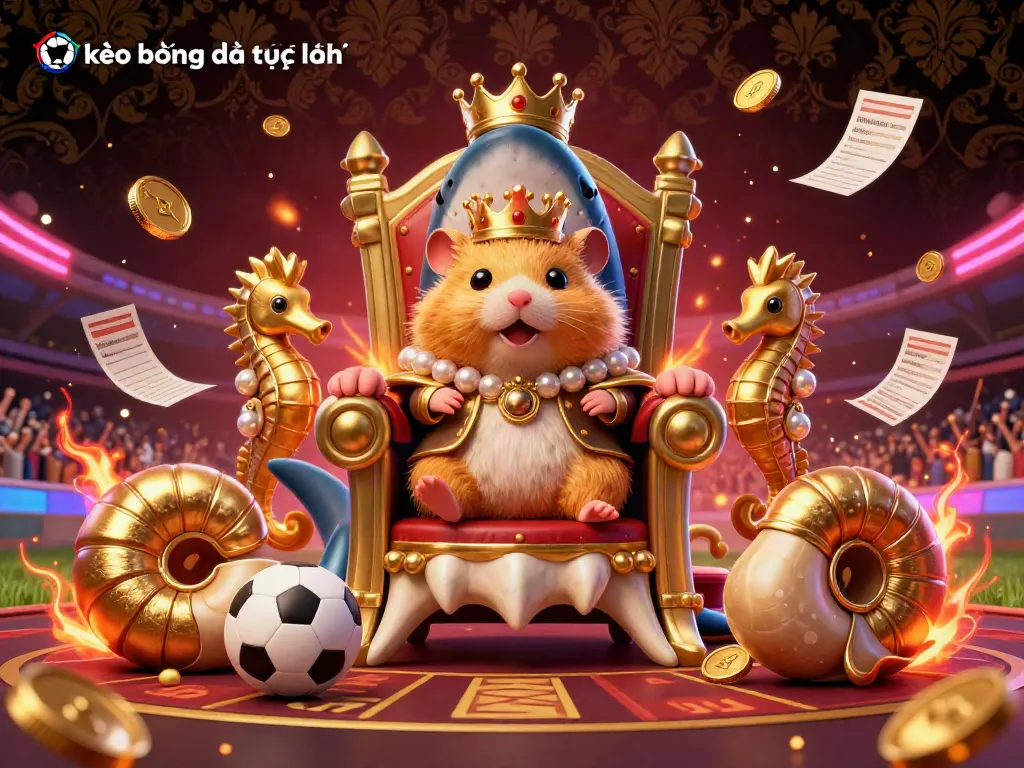 Engage with the lively scene of kèo bóng đá trực tuyến featuring a golden hamster king, sports elements, and vibrant atmosphere.
