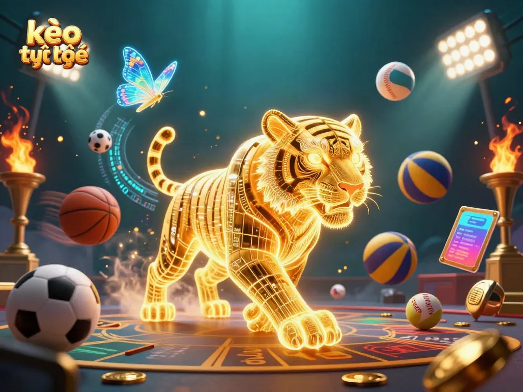 Experience thrilling kèo trực tuyến action in a vibrant digital casino landscape featuring sports elements and a glowing tiger.