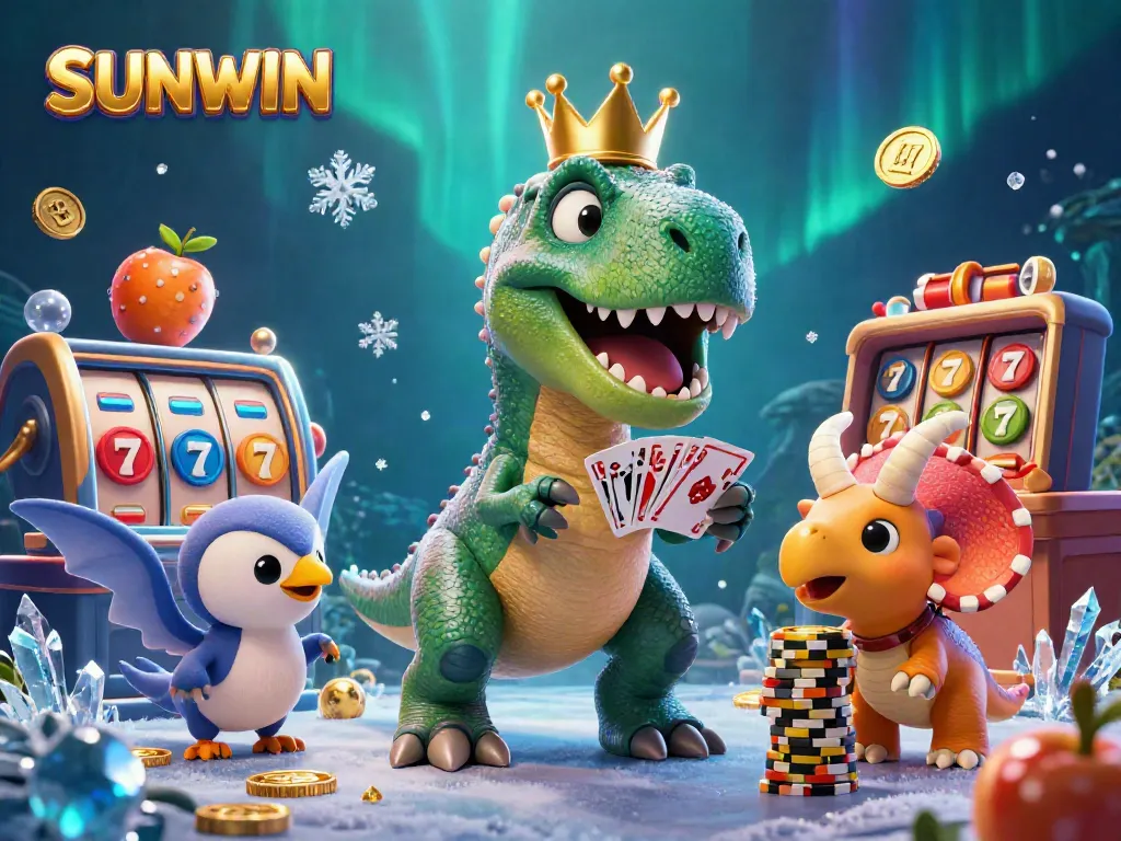 SUNWIN offers a captivating 3D illustration of a friendly T-Rex shuffling cards, showcasing casino elements.