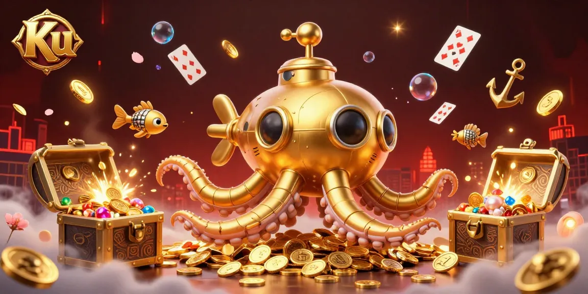 Engage with Ku's thrilling casino atmosphere, featuring a golden kraken submarine amidst coins and vibrant gameplay elements.