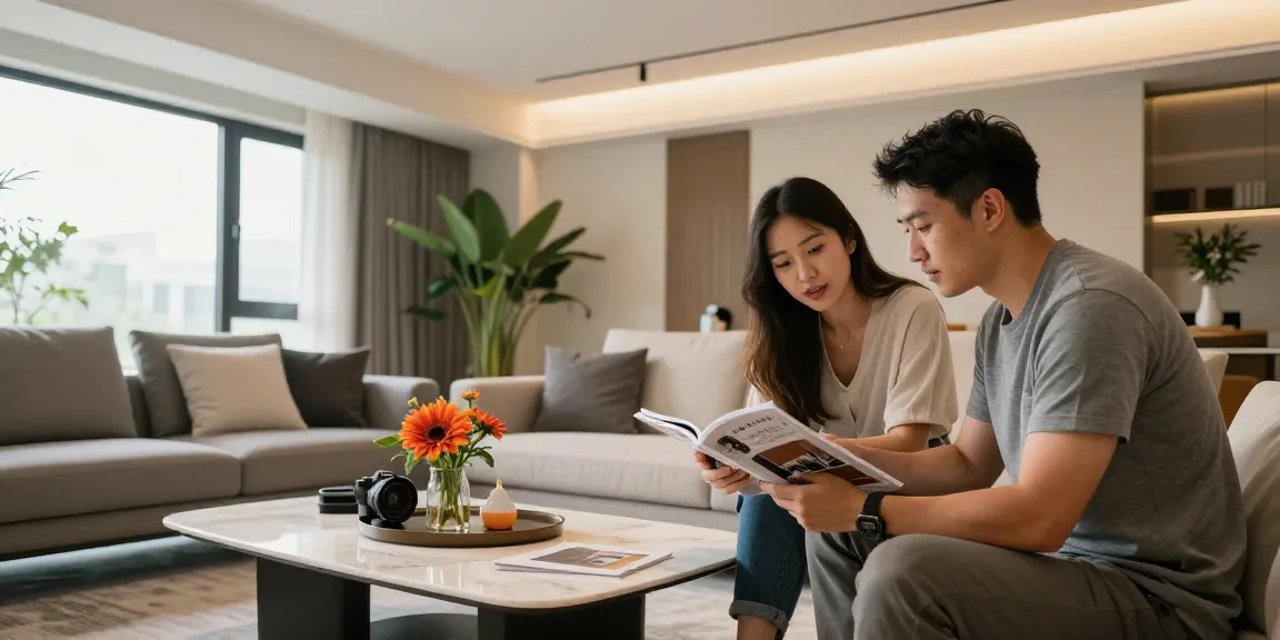 Innenausbau Augsburg: Modernes Wohnzimmer mit stilvoller Einrichtung und renovierenden Paar.