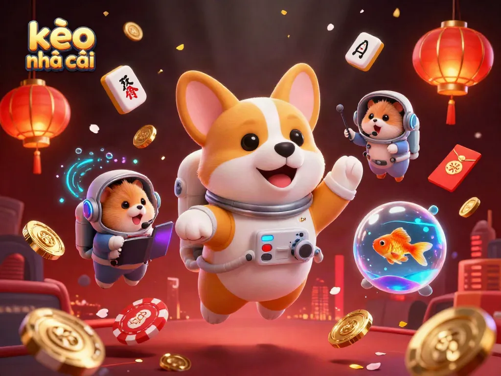 Engage with the vibrant kèo nhà cái scene featuring an astronaut corgi in a casino setting, surrounded by lively game elements.