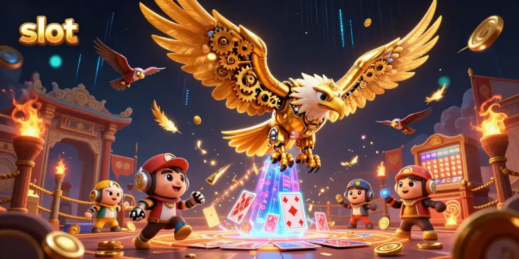 Experience the thrill of slot games with a cybernetic eagle diving through holographic cards.