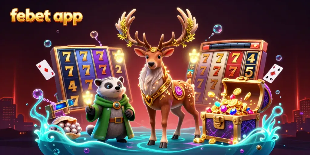 Experience gaming excitement with the febet app in this vibrant casino scene full of treasures.