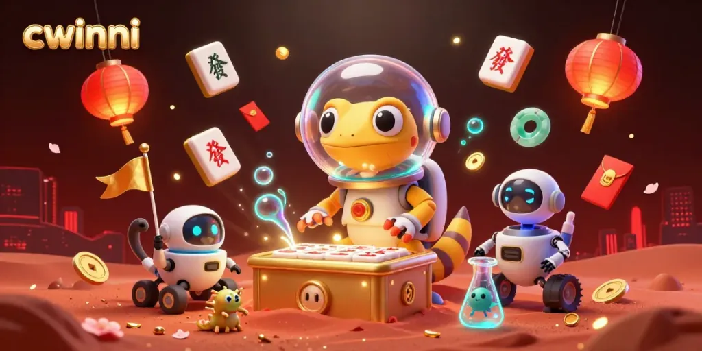 Cwinni casino adventure with a Martian gecko and a robot in a vibrant scene of excitement and gaming elements.