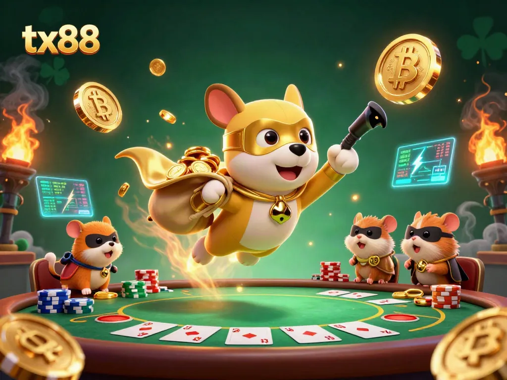 Experience the thrill of tx88 with a superhero dog amidst poker chips and crypto coins!