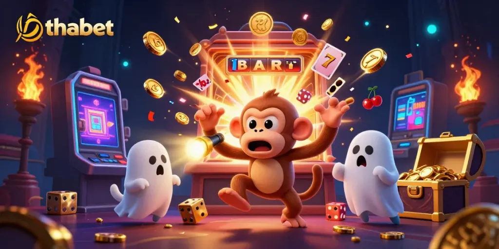 Engage in vibrant casino gaming with thabet, showcasing a playful ghost-hunter puppy chasing a mischievous monkey.