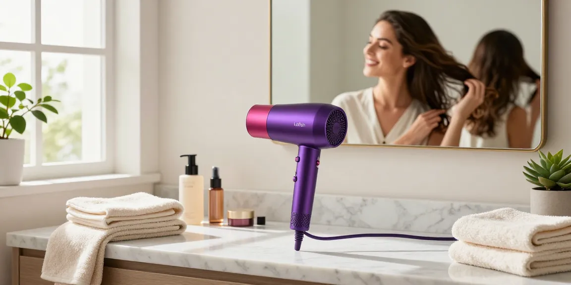 Frau nutzt den Laifen Föhn in einem modernen Badezimmer, um ihre Haare zu stylen.