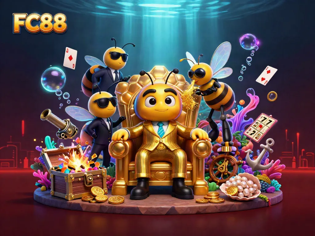 Engage with FC88's vibrant scene of a whimsical casino world filled with treasures and characters.