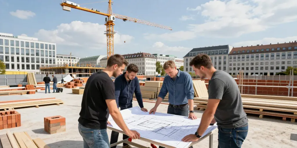 Aktive Baustelle in Wien, Bauarbeiter und Architekten bei der Planung für Haus Bau Wien.