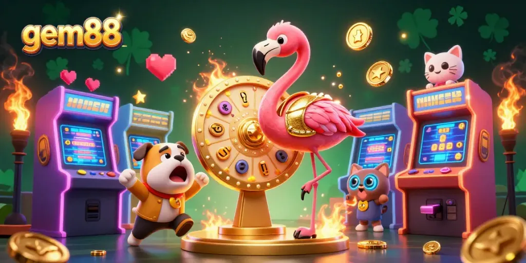 Experience thrilling gameplay at gem88 with vibrant casino elements in a dynamic 3D illustration.