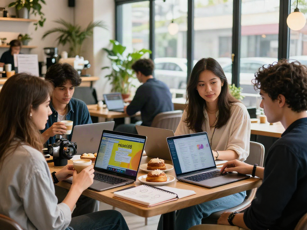 People enjoying coffee and discussing rokok88 at a modern café.