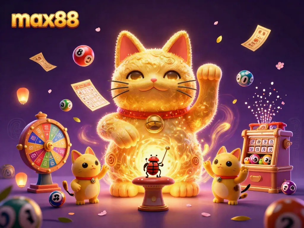 Players engage with max88's exciting gaming experience, featuring a vibrant, animated lucky cat surrounded by casino symbols.