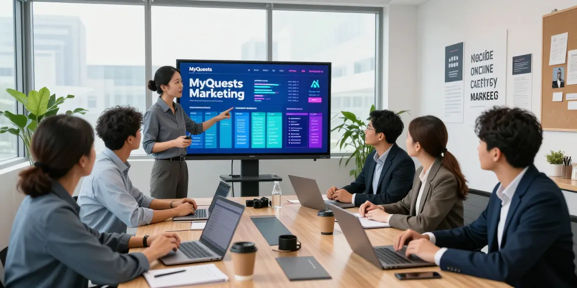 Team, das in einem modernen Büro an MyQuests Online-Marketing-Strategien zusammenarbeitet.
