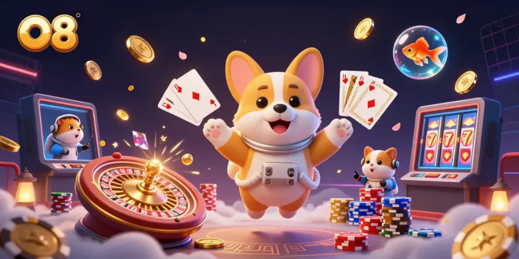 O8's exciting casino adventure with a floating corgi and dazzling gaming elements