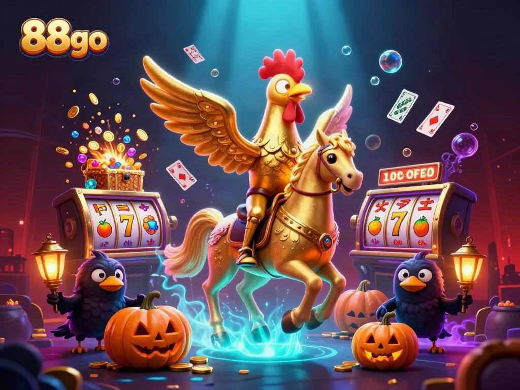 Engage in thrilling wins with 88go, featuring immersive golden rooster and spectral horse casino scene.