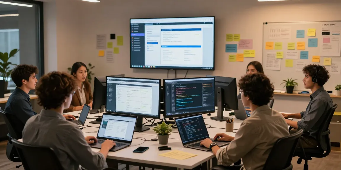 Build internal tools with AI in a collaborative tech workspace, showcasing teamwork and innovation.