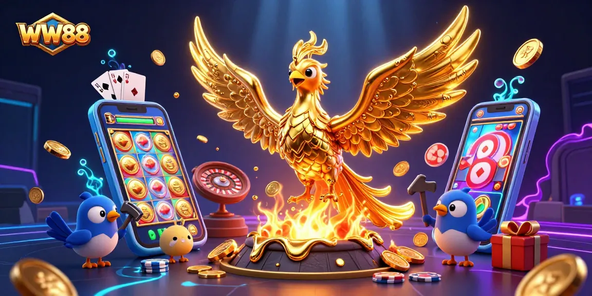 Experience thrilling gameplay at WW88 with golden coins, slot games, and vibrant casino elements.