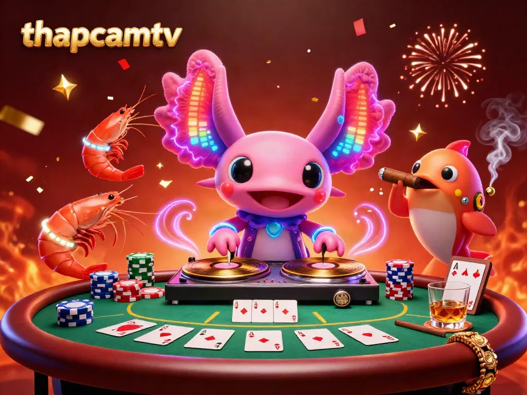 Experience thrilling moments with thapcamtv in a vibrant underwater casino scene featuring an axolotl DJ and dancing characters.
