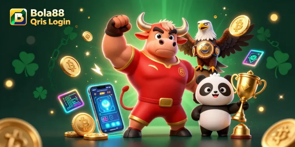 Experience the thrill of betting with Bola88 Qris Login, featuring a victory pose bull mascot and vibrant crypto elements.