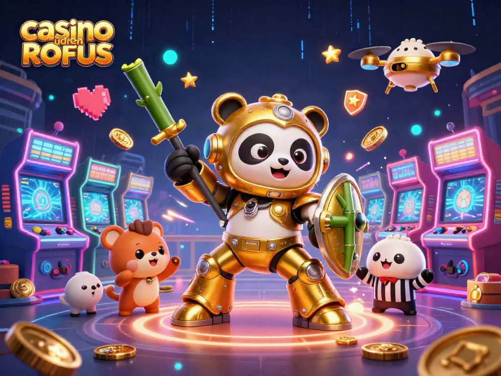 Experience thrilling action at casino uden ROFUS with a dynamic 3D illustration of exciting game elements.