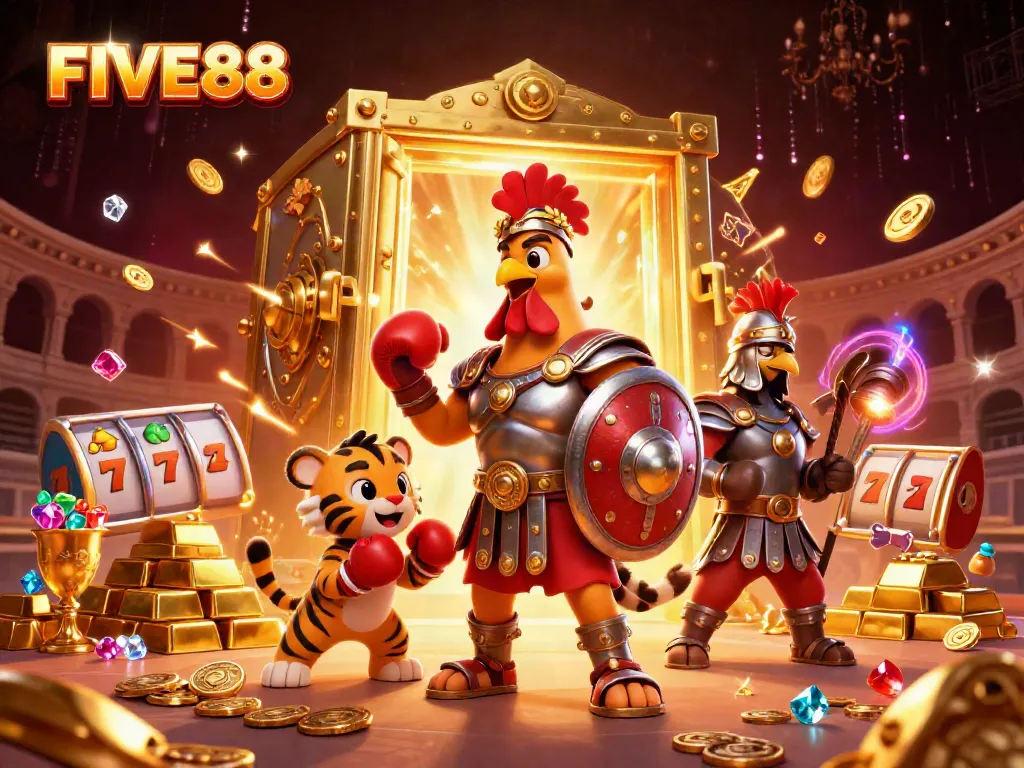 Experience the excitement of FIVE88 with a captivating casino-themed scene featuring fantasy characters and sparkling treasures.