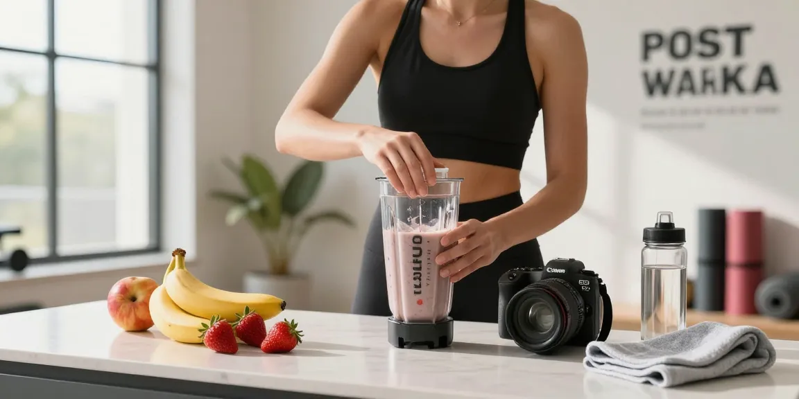 Creating a nutritious post-workout shake with tb 500 canada ingredients in a bright fitness studio.