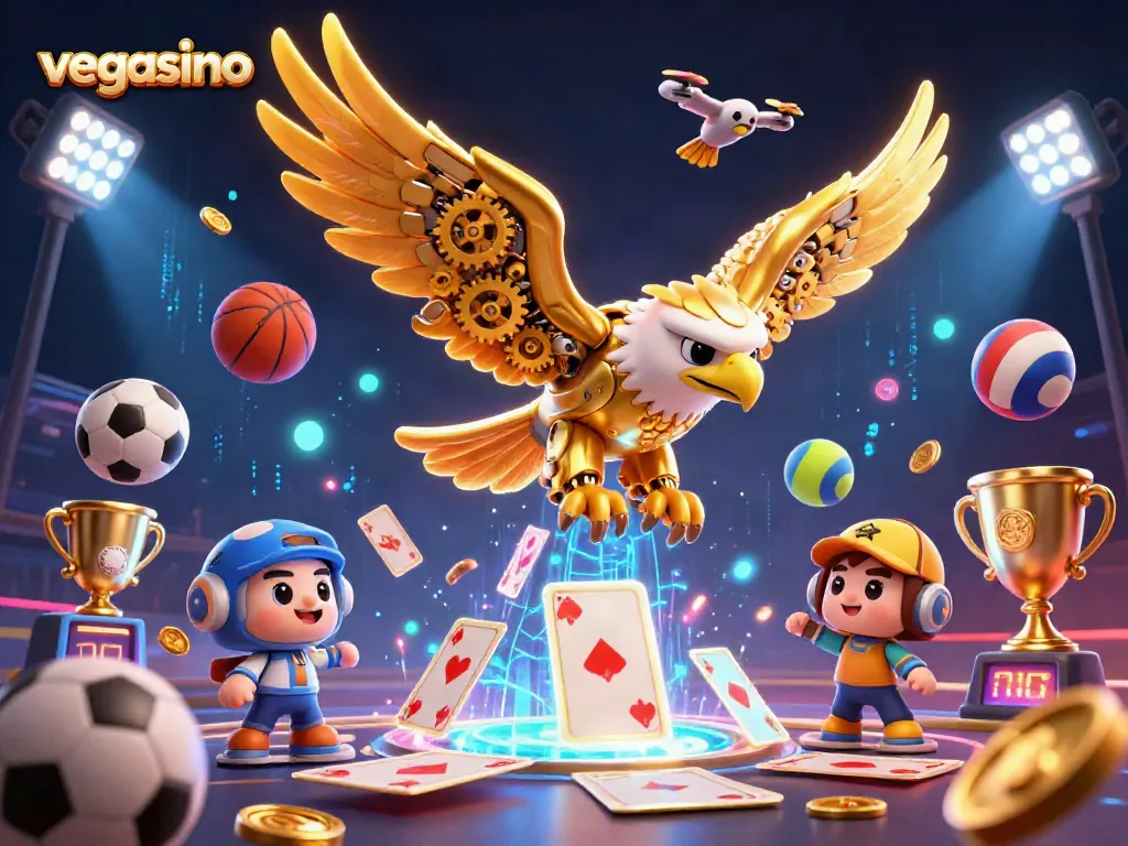 Engage with vegasino's thrilling action as a cybernetic eagle soars through holographic cards and dynamic sports elements.