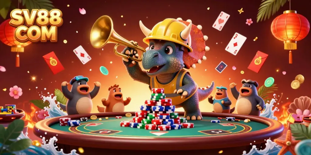 Experience the thrill of SV88 COM with a lively casino scene featuring playful dinosaur characters and vibrant gaming elements.