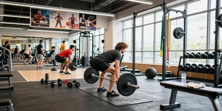 Energiegeladene Trainingssitzung im Fitnessstudio von Anabolika Shop Deutschland, die Performance-Bekleidung und Fitnessgeräte zeigt.
