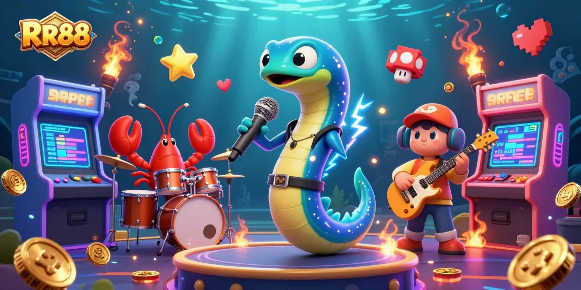 Engage with RR88's vibrant underwater casino scene featuring a DJ electric eel performing with animated gaming elements.