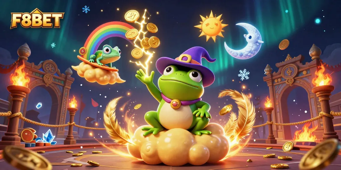 Win big with F8BET in this vibrant 3D casino-themed illustration showcasing magical characters.
