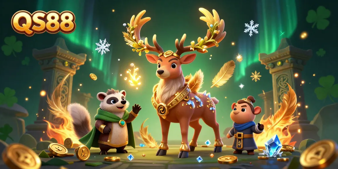 Experience QS88's gaming action with a Celtic druid stag and mystical elements in a vibrant casino setting.