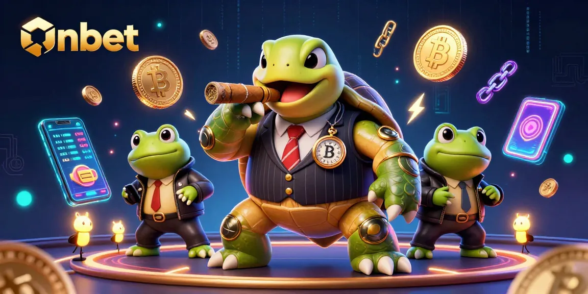 Experience Onbet's vibrant casino scene featuring a cartoon turtle and bullfrogs with neon elements.