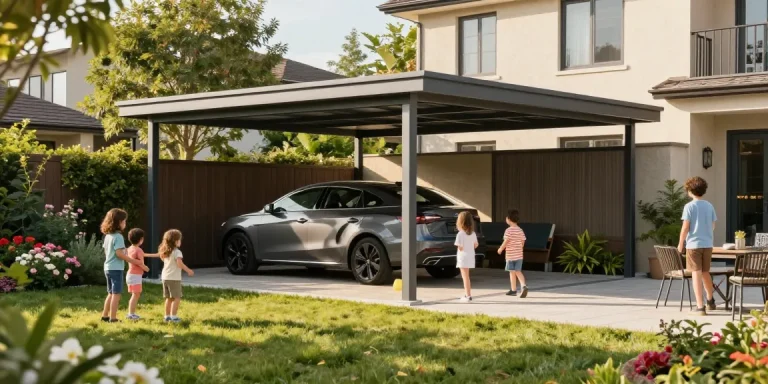 Moderner Carport in einem schönen Garten mit Familie und Spielzeug.