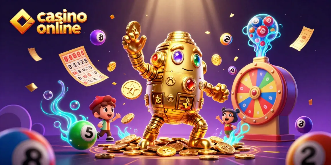 Spin and win at the casino online with vibrant lottery elements and a golden golem in 3D.
