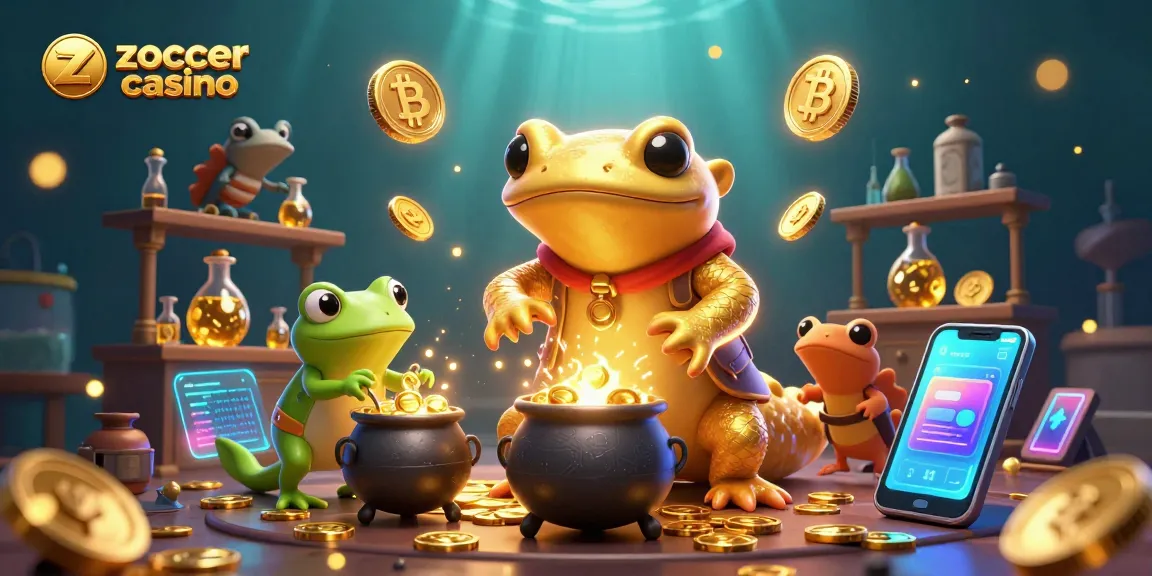 Zoccer casino illustration showcasing a golden salamander alchemist with shimmering coins and crypto elements.