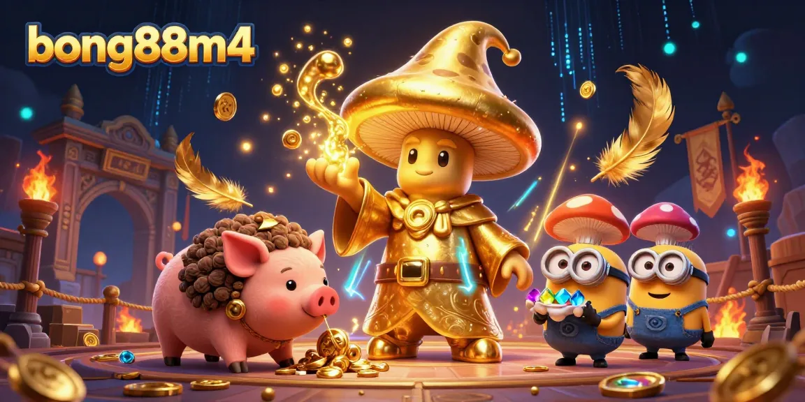 Experience the magic of bong88m4 with captivating golden mushroom wizard characters amidst an enchanting casino scene.