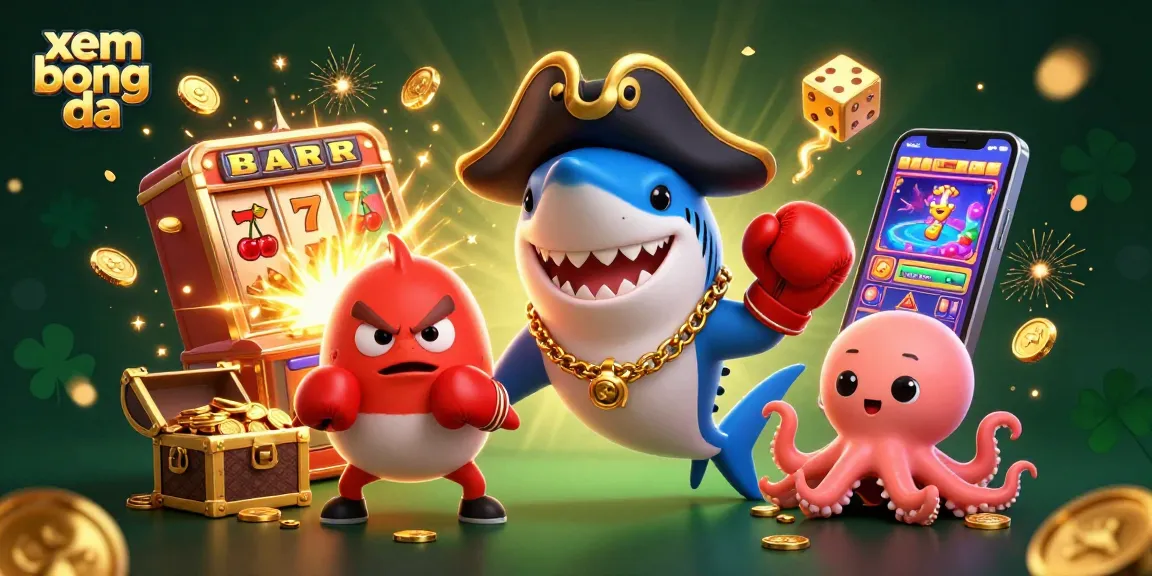 Experience xem bong da with engaging characters amidst vibrant casino elements and vivid 3D illustrations.