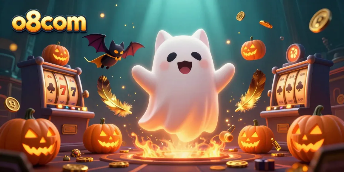 Win big at o8com with a ghost cat and vampire bat in a haunted casino.