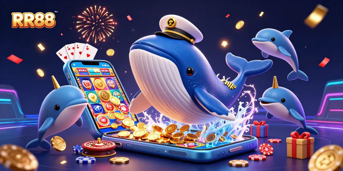 Experience the excitement at RR88 with a playful whales and dolphins in a dynamic casino scene.