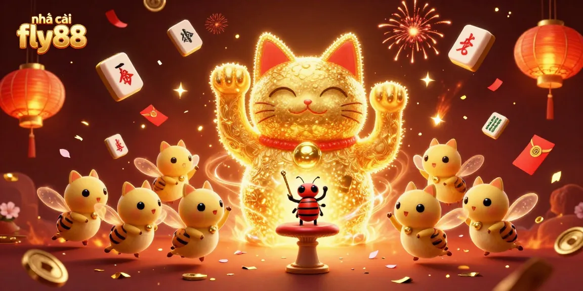 Engage with the lucky cat of nhà cái fly88, surrounded by vibrant casino symbols and festive elements, celebrating gaming.