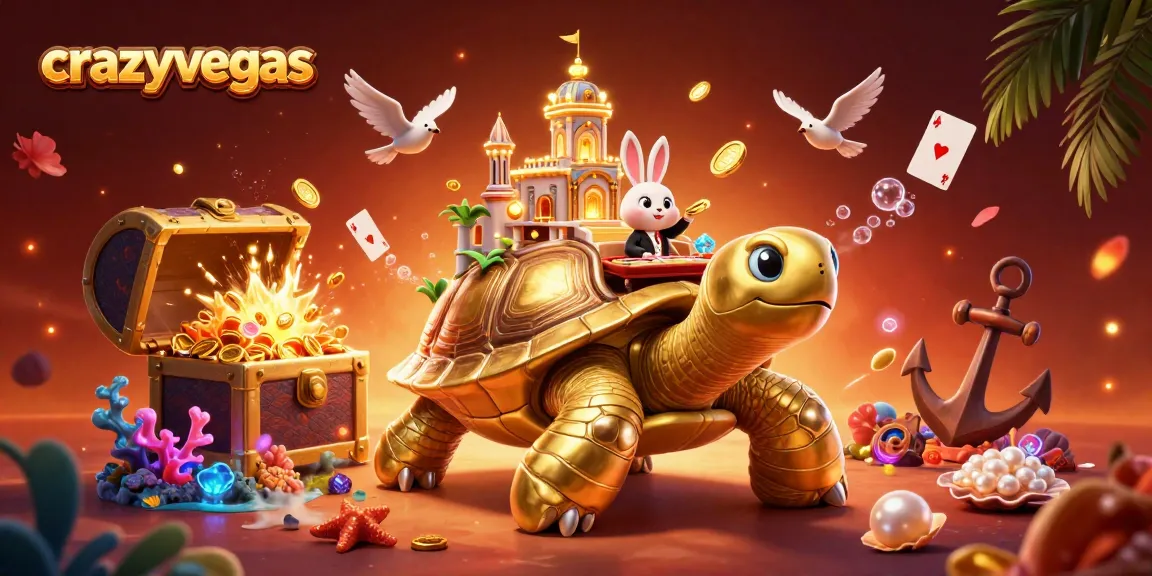 CrazyVegas showcases a golden tortoise casino scene with a rabbit dealer surrounded by vibrant gambling elements.
