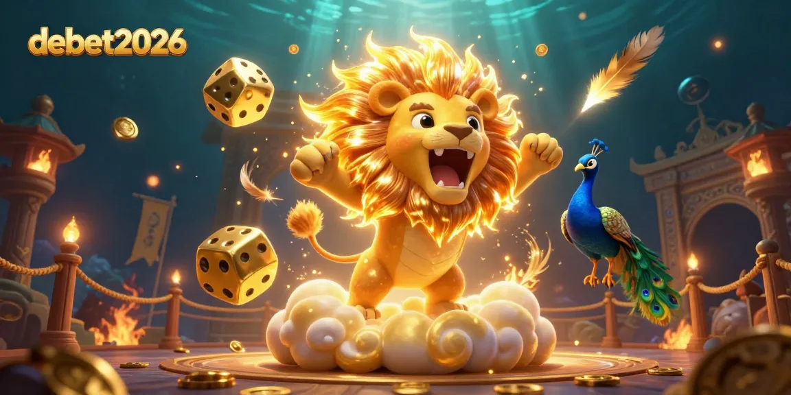 Engage in the vibrant world of debet2026 with a triumphant lion amidst golden dice and dynamic casino elements.