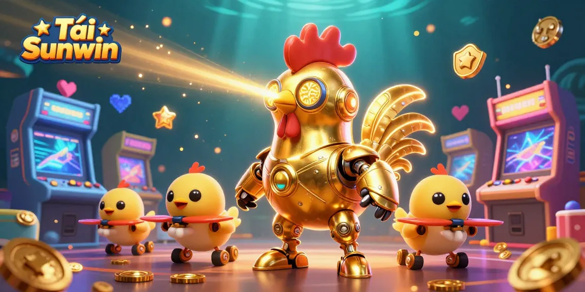 Tải Sunwin enhances gaming with 3D golden rooster robot and colorful arcade elements.