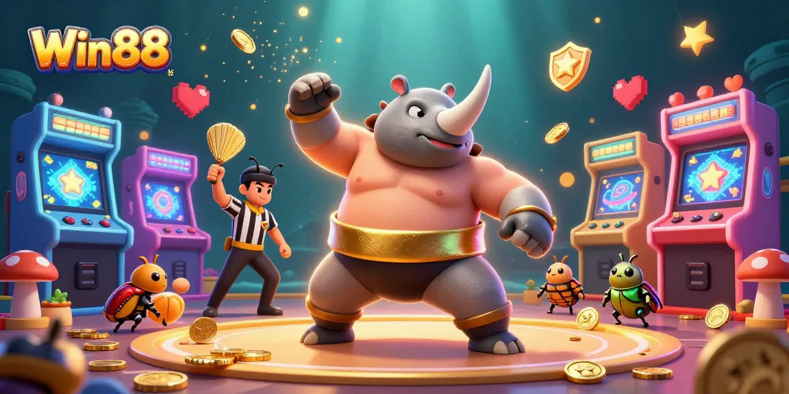 Win88 dynamic casino scene with a rhinoceros beetle champion, golden coins, and vibrant gaming elements.