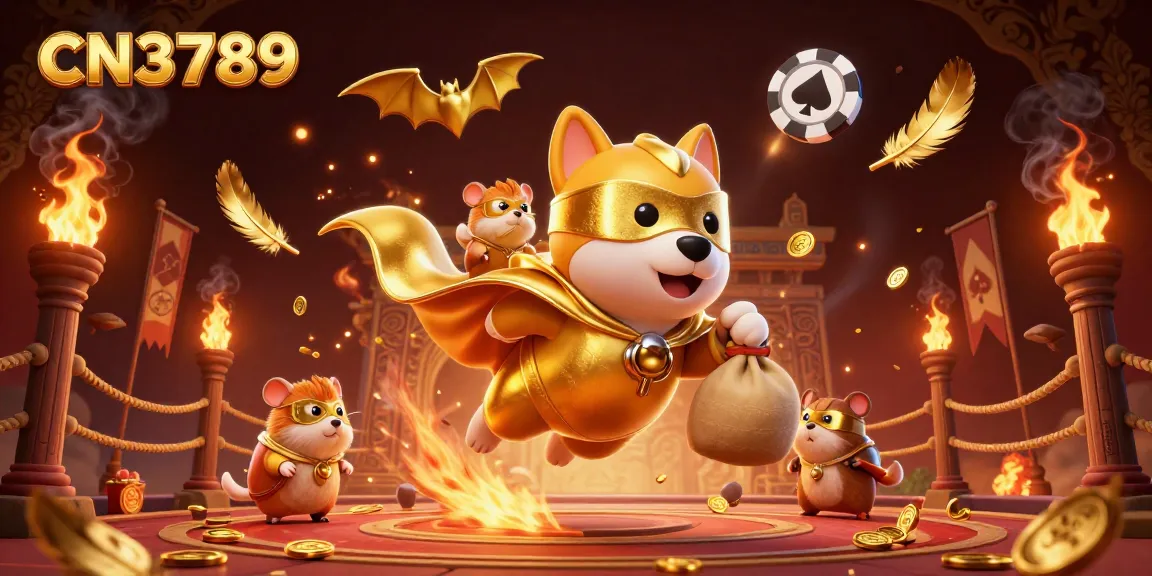 Engage with the vibrant CN3789 casino scene featuring a superhero dog flying with gold coins amidst dynamic gaming elements.