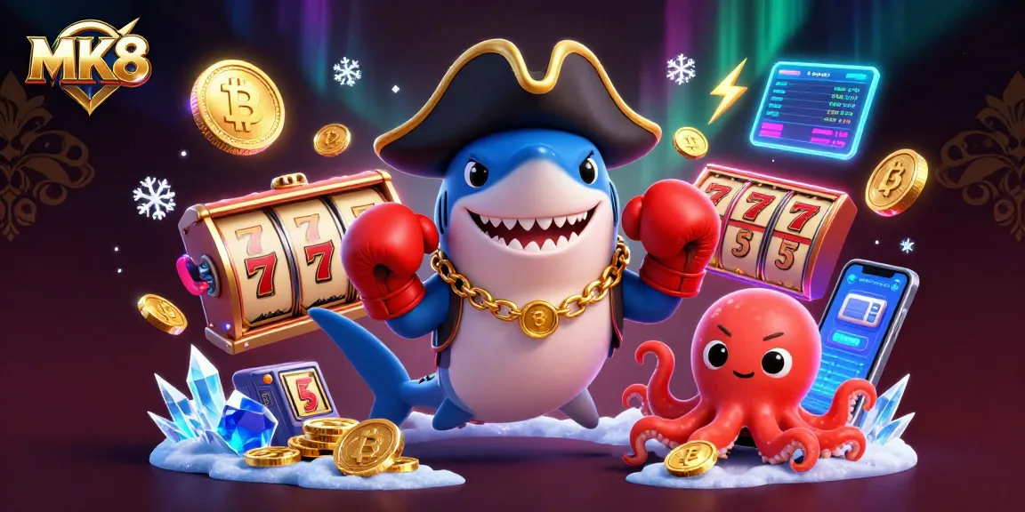 MK8 showcases a vibrant cartoon casino scene with playful characters and slot reels.