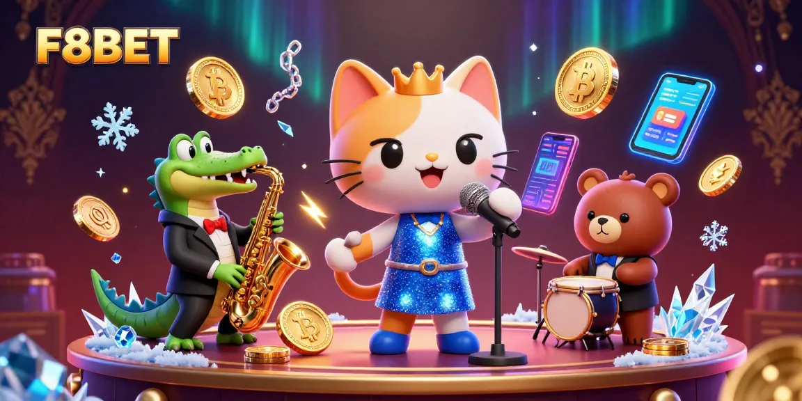Experience F8BET's vibrant casino atmosphere with a lively jazz scene and cryptocurrency visuals.