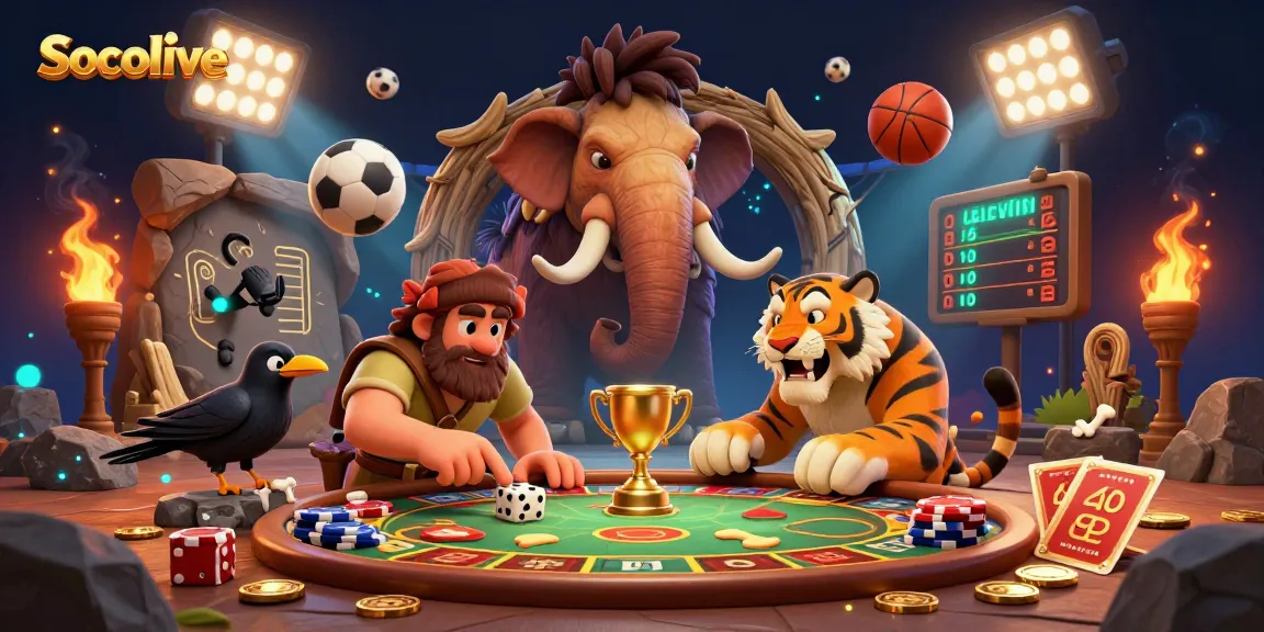 Socolive highlights a dynamic sports betting scene featuring cavemen and sports balls celebrating a prehistoric casino experience.